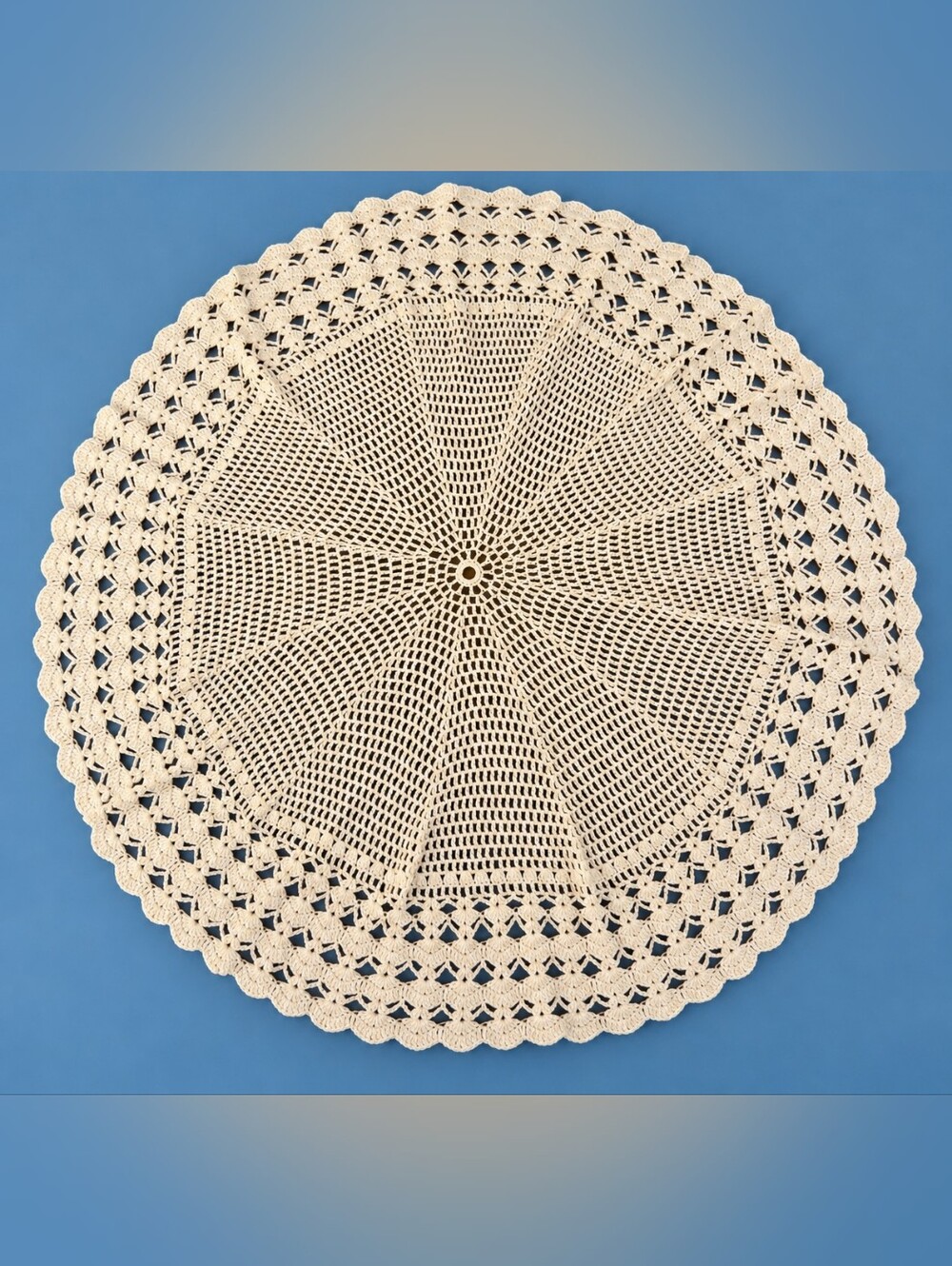 Vintage Hand Crocheted Table Topper 44” Round Ivory Lace Doily Tree Skirt